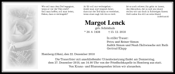 Traueranzeige von Margot Lenck von Alsfelder Allgemeine