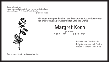 Traueranzeige von Margret Koch von Giessener Allgemeine, Alsfelder Allgemeine