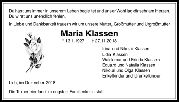 Traueranzeige von Maria Klassen von Licher Wochenblatt, Licher Wochenblatt, Licher Wochenblatt
