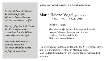 Traueranzeige von Maria Helene Vogel von Giessener Allgemeine, Alsfelder Allgemeine