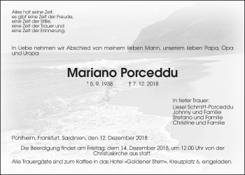 Traueranzeige von Mariano Porceddu von Giessener Allgemeine, Alsfelder Allgemeine