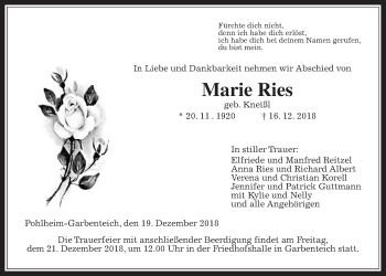 Traueranzeige von Marie Ries von Giessener Allgemeine, Alsfelder Allgemeine