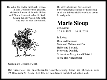 Traueranzeige von Marie Sloup von Giessener Allgemeine, Alsfelder Allgemeine