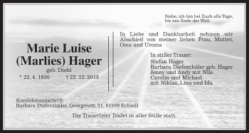 Traueranzeige von Marie Luise Hager von Wetterauer Zeitung, Wetterauer Zeitung