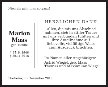Traueranzeige von Marion Maas von Wetterauer Zeitung, Wetterauer Zeitung