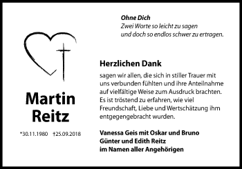 Traueranzeige von Martin Reitz von Giessener Allgemeine, Alsfelder Allgemeine