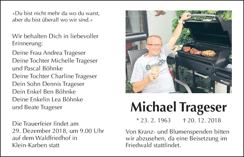  Traueranzeige für Michael Trageser vom 27.12.2018 aus Wetterauer Zeitung, Wetterauer Zeitung