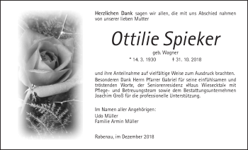 Traueranzeige von Ottilie Spieker von Giessener Allgemeine, Alsfelder Allgemeine