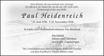 Traueranzeige von Paul Heidenreich von Wetterauer Zeitung, Wetterauer Zeitung