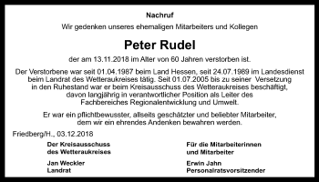Traueranzeige von Peter Rudel von Wetterauer Zeitung, Wetterauer Zeitung