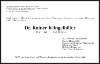 Traueranzeige von Rainer Klingelhöfer von Wetterauer Zeitung, Wetterauer Zeitung