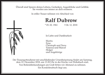 Traueranzeige von Ralf Dubrow von Wetterauer Zeitung, Wetterauer Zeitung