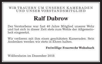 Traueranzeige von Ralf Dubrow von Wetterauer Zeitung, Wetterauer Zeitung