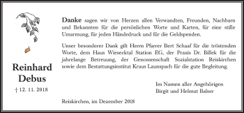 Traueranzeige von Reinhard Debus von Giessener Allgemeine, Alsfelder Allgemeine