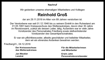 Traueranzeige von Reinhold Groß von Wetterauer Zeitung, Wetterauer Zeitung
