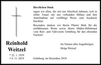 Traueranzeige von Reinhold Weitzel von Giessener Allgemeine, Alsfelder Allgemeine