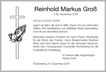 Traueranzeige von Reinhold Markus Groß von Wetterauer Zeitung, Wetterauer Zeitung