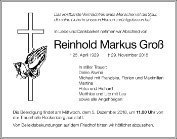 Traueranzeige von Reinhold Markus Groß von Wetterauer Zeitung, Wetterauer Zeitung
