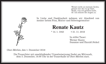 Traueranzeige von Renate Kautz von Wetterauer Zeitung, Wetterauer Zeitung