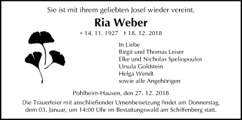 Traueranzeige von Ria Weber von Giessener Allgemeine, Alsfelder Allgemeine