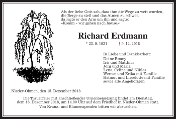 Traueranzeige von Richard Erdmann von Alsfelder Allgemeine
