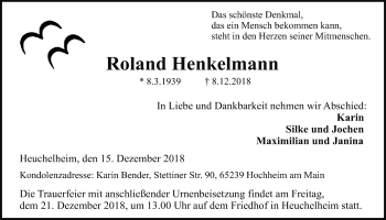 Traueranzeige von Roland Henkelmann von Giessener Allgemeine, Alsfelder Allgemeine