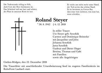 Traueranzeige von Roland Steyer von Giessener Allgemeine, Alsfelder Allgemeine