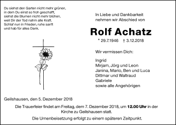 Traueranzeige von Rolf Achatz von Giessener Allgemeine, Alsfelder Allgemeine