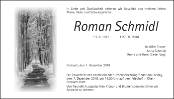 Traueranzeige von Roman Schmidl von Wetterauer Zeitung, Wetterauer Zeitung