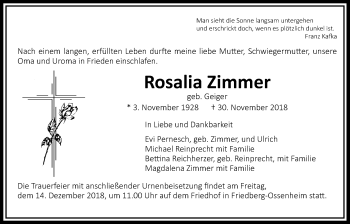 Traueranzeige von Rosalie Zimmer von Wetterauer Zeitung, Wetterauer Zeitung