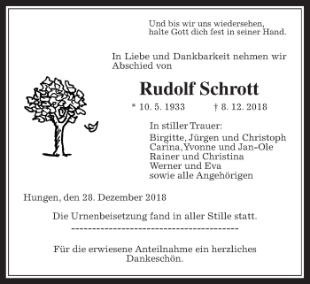 Traueranzeige von Rudolf Schrott von Giessener Allgemeine, Alsfelder Allgemeine