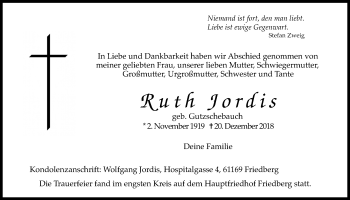 Traueranzeige von Ruth Jordis von Wetterauer Zeitung, Wetterauer Zeitung