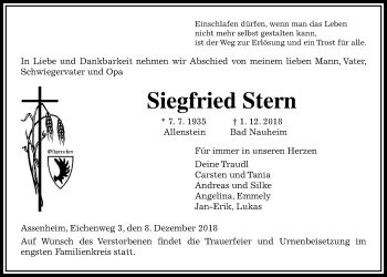 Traueranzeige von Siegfried Stern von Wetterauer Zeitung, Wetterauer Zeitung