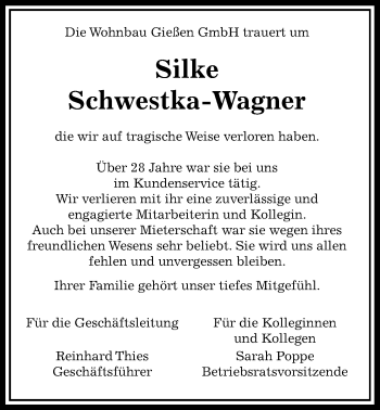 Traueranzeige von Silke Schwestka-Wagner von Giessener Allgemeine, Alsfelder Allgemeine