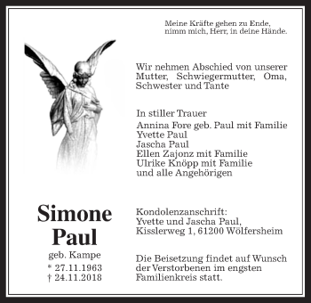 Traueranzeige von Simone Paul von Wetterauer Zeitung, Wetterauer Zeitung