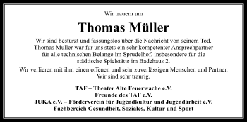 Traueranzeige von Thomas Müller von Wetterauer Zeitung, Wetterauer Zeitung