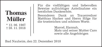 Traueranzeige von Thomas Müller von Wetterauer Zeitung, Wetterauer Zeitung