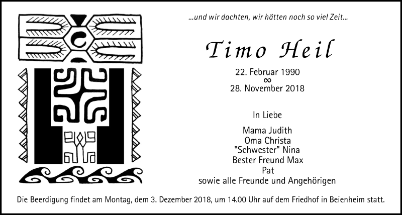  Traueranzeige für Timo Heil vom 03.12.2018 aus Wetterauer Zeitung, Wetterauer Zeitung