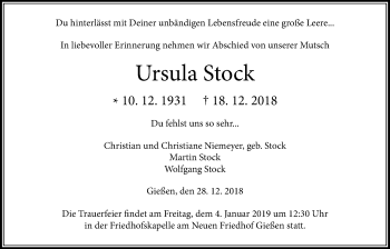 Traueranzeige von Ursula Stock von Giessener Allgemeine, Alsfelder Allgemeine