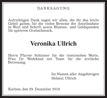 Traueranzeige von Veronika Ullrich von Wetterauer Zeitung