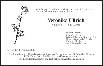 Traueranzeige von Veronika Ullrich von Wetterauer Zeitung, Wetterauer Zeitung