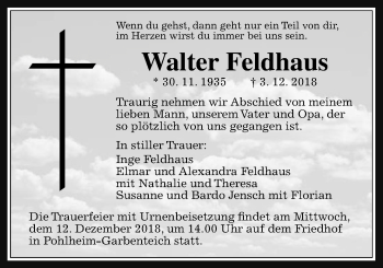 Traueranzeige von Walter Feldhaus von Giessener Allgemeine, Alsfelder Allgemeine
