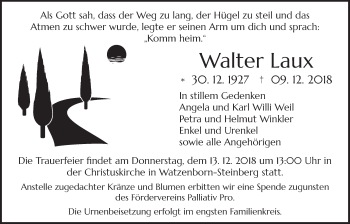 Traueranzeige von Walter Laux von Giessener Allgemeine, Alsfelder Allgemeine