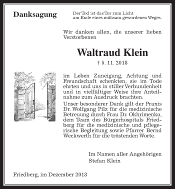 Traueranzeige von Waltraud Klein von Wetterauer Zeitung, Wetterauer Zeitung