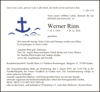 Traueranzeige von Werner Rinn von Giessener Allgemeine, Alsfelder Allgemeine