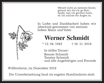 Traueranzeige von Werner Schmidt von Wetterauer Zeitung, Wetterauer Zeitung