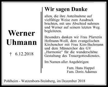 Traueranzeige von Werner Uhmann von Giessener Allgemeine, Alsfelder Allgemeine