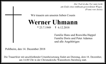 Traueranzeige von Werner Uhmann von Giessener Allgemeine, Alsfelder Allgemeine