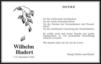 Traueranzeige von Wilhelm Hudert von Wetterauer Zeitung, Wetterauer Zeitung