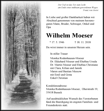 Traueranzeige von Wilhelm Moeser von Giessener Allgemeine, Alsfelder Allgemeine